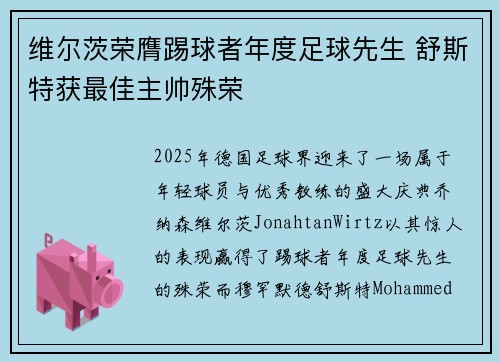 维尔茨荣膺踢球者年度足球先生 舒斯特获最佳主帅殊荣